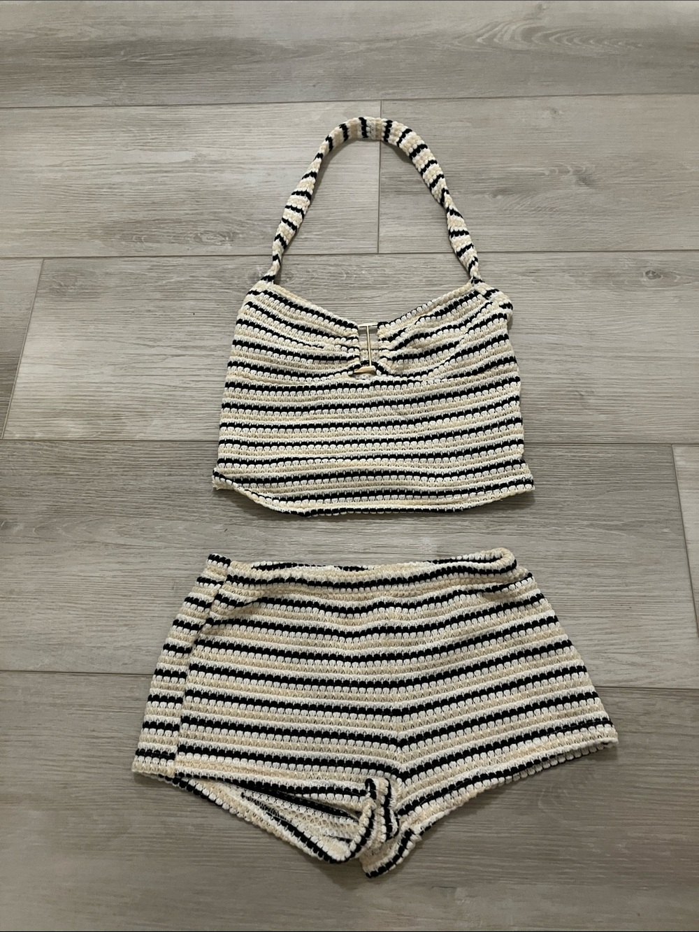 SHEIN Black and Cream Striped Crochet Cropped Tank & High-Waist Shorts Set